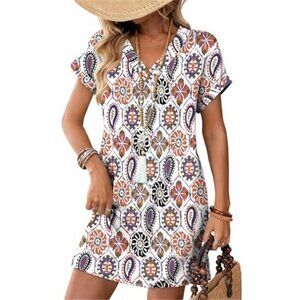 Casual T-Shirt Dress V-Neck Short Sleeve Colorful Floral Dress with Pockets